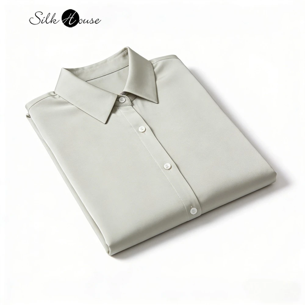 여성 의류 26MM 93% 천연 뽕나무 실크 헤비 크레이프 라이트 그레이 그린 OL 스타일 다용도 라펠 긴 소매 오피스 셔츠