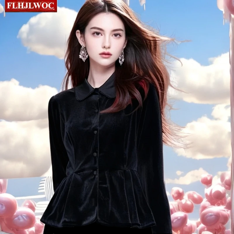 

Хэллоуин, Рождество, топы с баской, блузки, новогодние женские осенне-зимние базовые рубашки с длинными рукавами, элегантные женские рубашки с оборками в стиле ретро