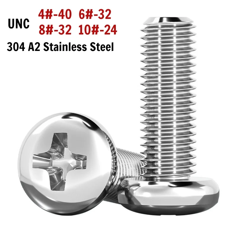 304 A2 Stainless Steel UNC Phillips Pan Head Screw 4#-40 6#-32 8#-32 10#-24 Imperial Cross Round Head Machine Bolt Coarse Thread