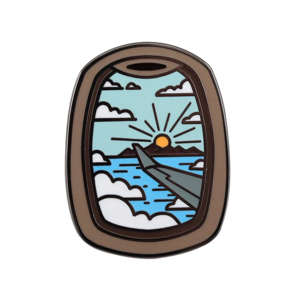 Airplane Window Enamel Pin Airplane Wing Clouds Ocean Distant Mountains Sunrise Badge Adventure Travel Jewelry Decorative