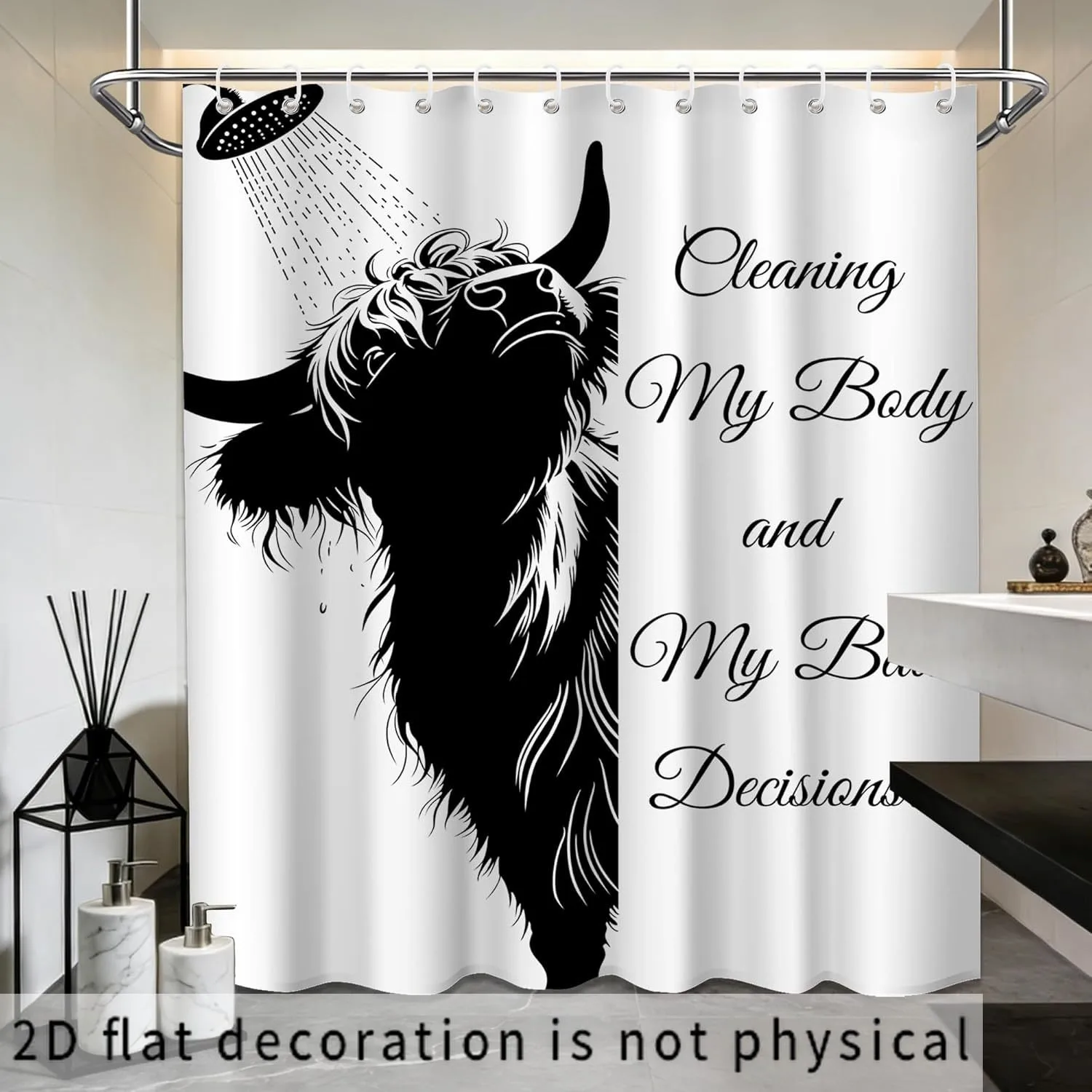 Funny Shower Curtain with Cute Goat Illustration and 'Cleaning My Body and My Business' Text for Bathroom Decor