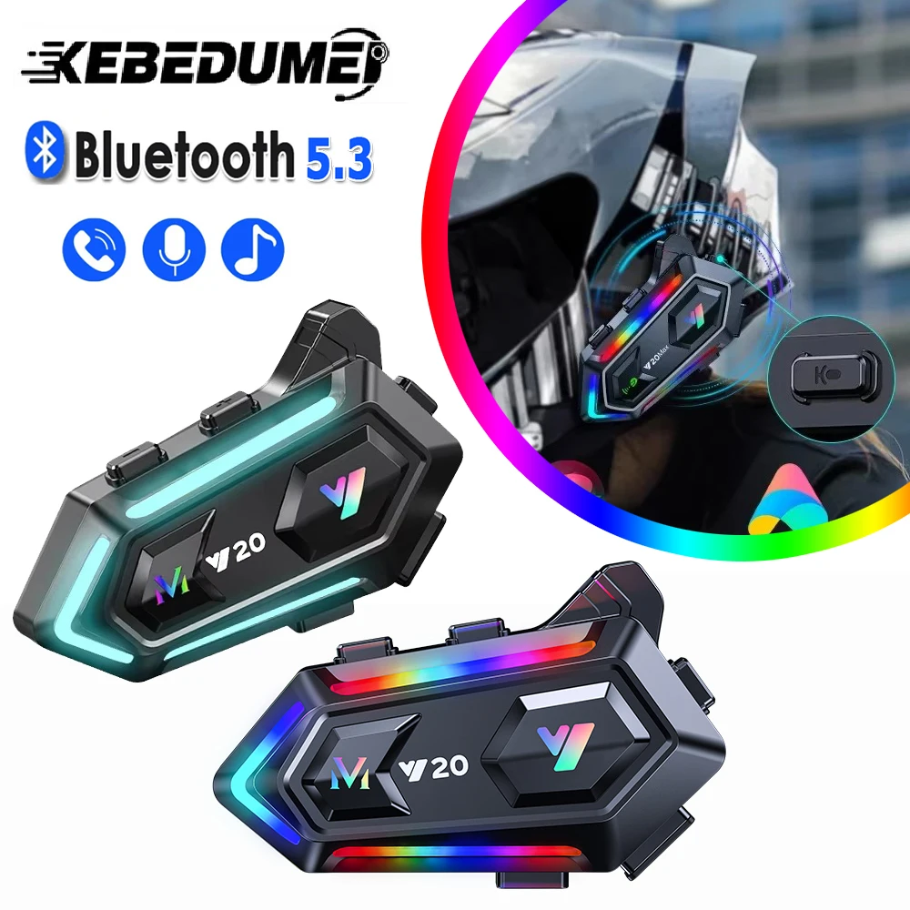 Kebedumei Motorradhelm-Headset, kabellos, wasserdicht, Freisprecheinrichtung V5.3, IPX6 wasserdichter Kopfhörer, Kopfhörer mit buntem Lichteffekt