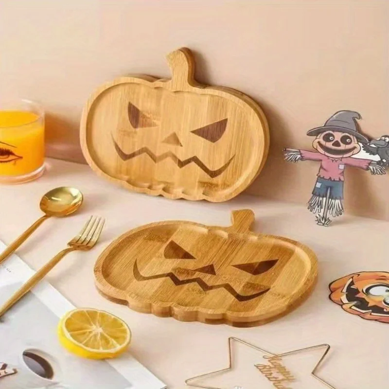 2026 Halloween Ghost Pumpkin Wooden Tray Snack Dried Fruit Plate Holiday Party Table Venue Layout Decor Prop Tableware