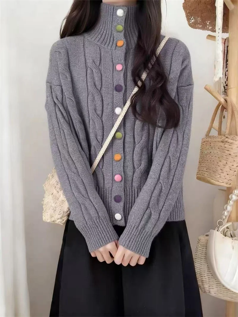 เสื้อสเวตเตอร์ไหมพรมถักทรงหลวมสไตล์เกาหลี  ติดกระดุม  สำหรับผู้หญิง  คอลเลคชั่นฤดูใบไม้ร่วง-ฤดูหนาว  รุ่นใหม่