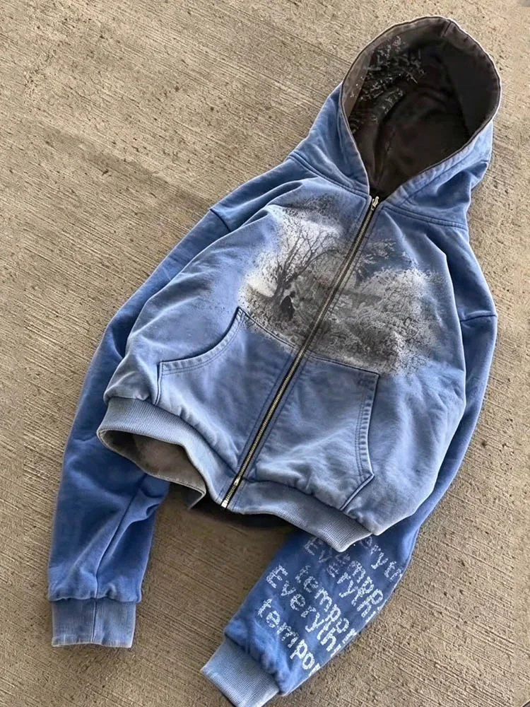 Harajuku Retro-made Old Washed Double-sided Hooded Sweater  High Street Cartoon Both Sides Portrait Printing Design Zipper Coat