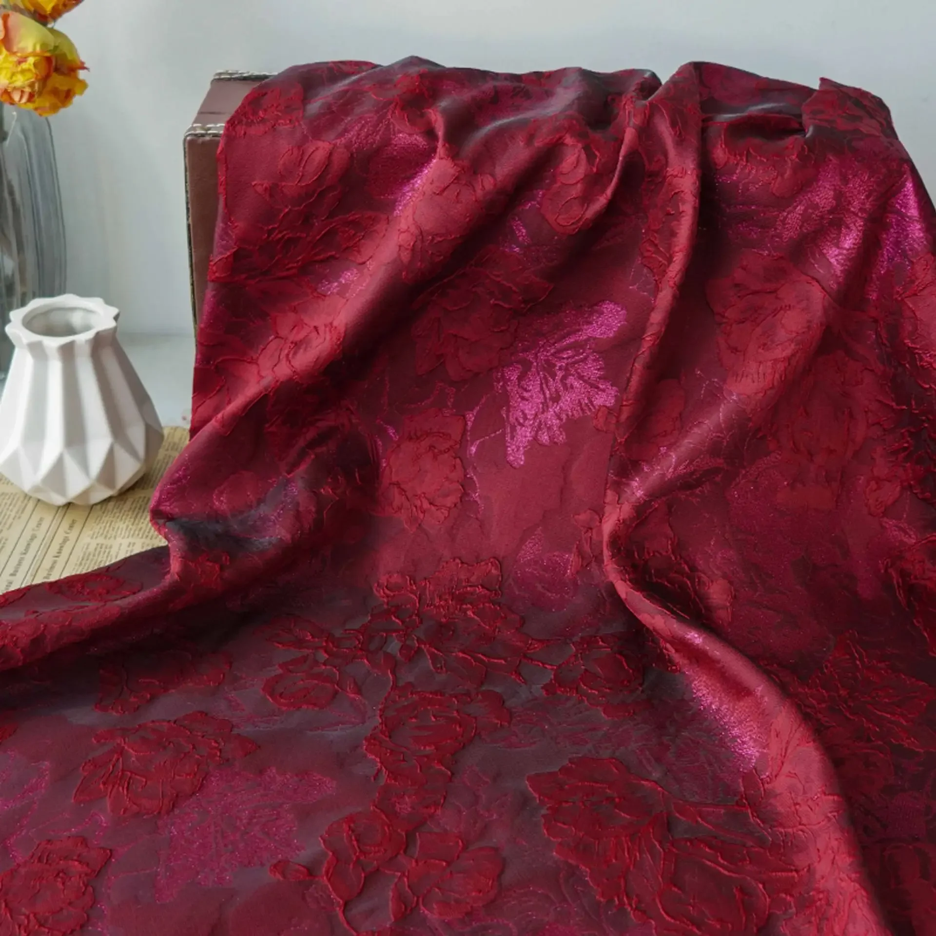 

Embossed Flower Gold Silk Jacquard Fabric Autumn Winter Dress Coat Bag Decorative Sewing Fabric