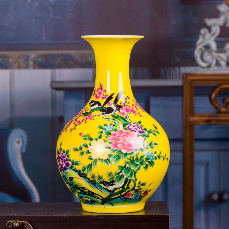 

Modern Jingdezhen Ceramic Yellow Vase Home Decoration Red Porcelain Flower Vases With Flowers and Birds Lotus And Fish Pattern
