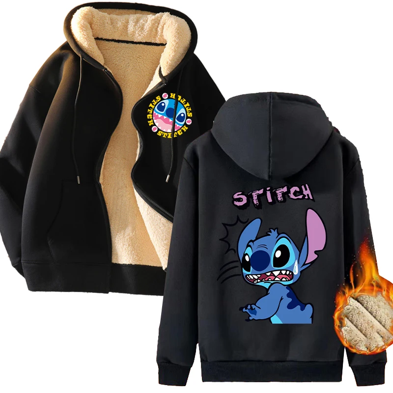 New Stitch Disney Zip Up Hoodie Cute Cartoon Printed Tops Thickened Warm Sweatshirts Women Casual Sports Coat Winter Clothing