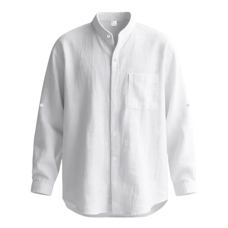 Men White Linen Button Down Long Sleeve Shirt Mandarin Collar Chest Pocket Roll Tab Cuff Loose Oversized Breathable Textured Beach Vacation Casual Holiday Top