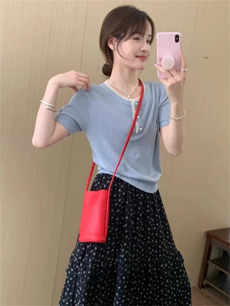 

ay Lace Trim Knitted Ice Silk ort Sve T-irt Women Summer Small Size Design Ele Beautiful Top Korean Sle Loose Fit