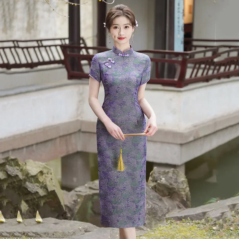 2024 New National Style Old Shanghai Qipao Long Cheongsam Elegant Women Jacquard  High Slit Slim Dress Female Performance Dress