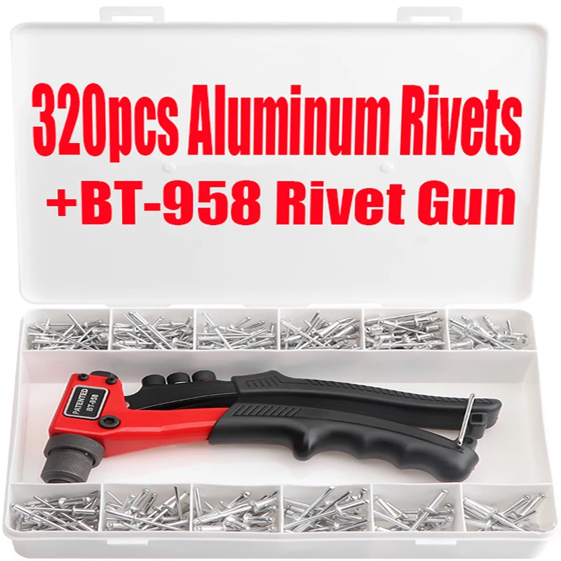 

320pcs Aluminum Rivets 3.2mm 4mm 4.8mm+BT-958 Rivet Gun Single Hand Blind Riveter Manual Riveting Tool Hand Rivets Gun BT-958