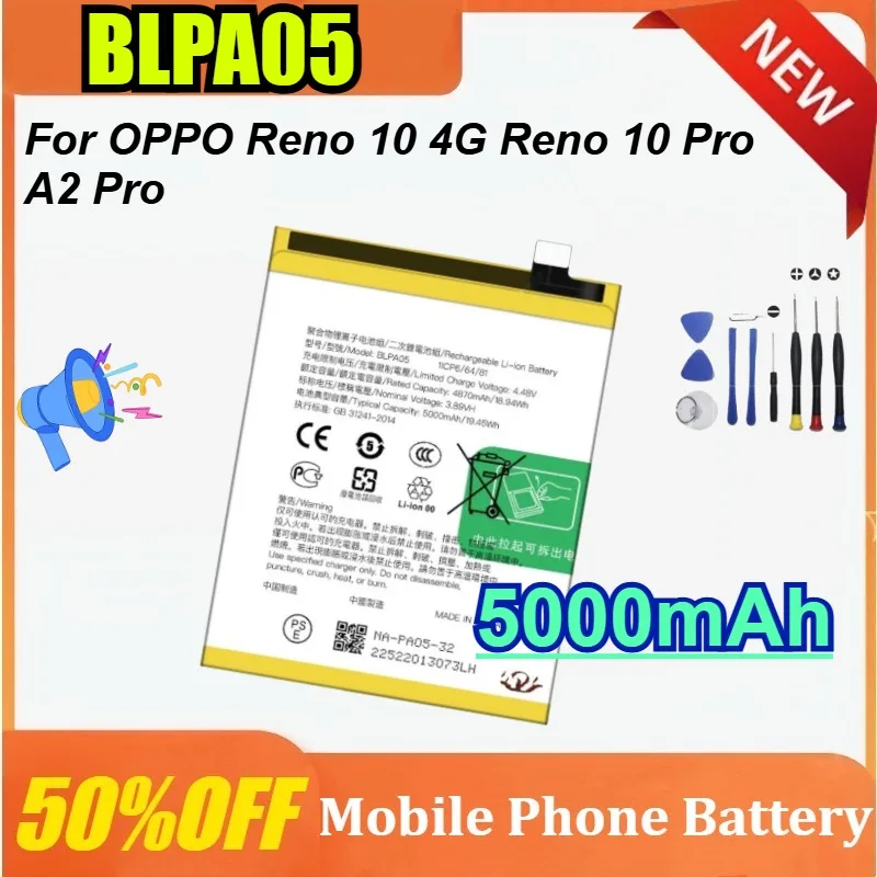 

5000mAh BLPA05 Mobile Phone Battery for OPPO Reno 10 5G/Reno 10 Pro /A2 Pro 5G Comes with a Tool Kit High-Quality Replacement