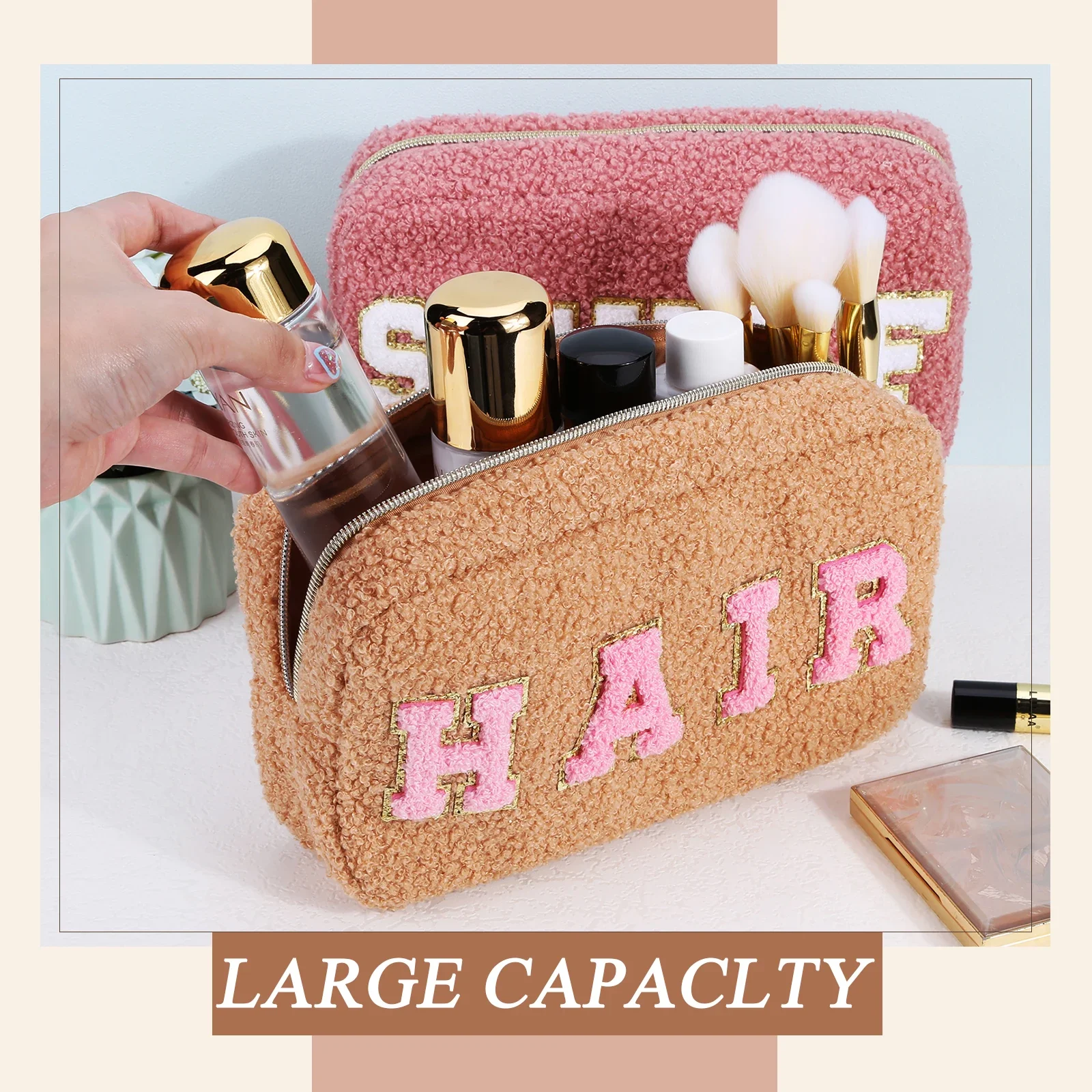 Preppy Plush Makeup Bag Chenille Letter Fluffy Cosmetic Storage Pouch Large-capacity Zippered Travel Toiletry Bag for Women