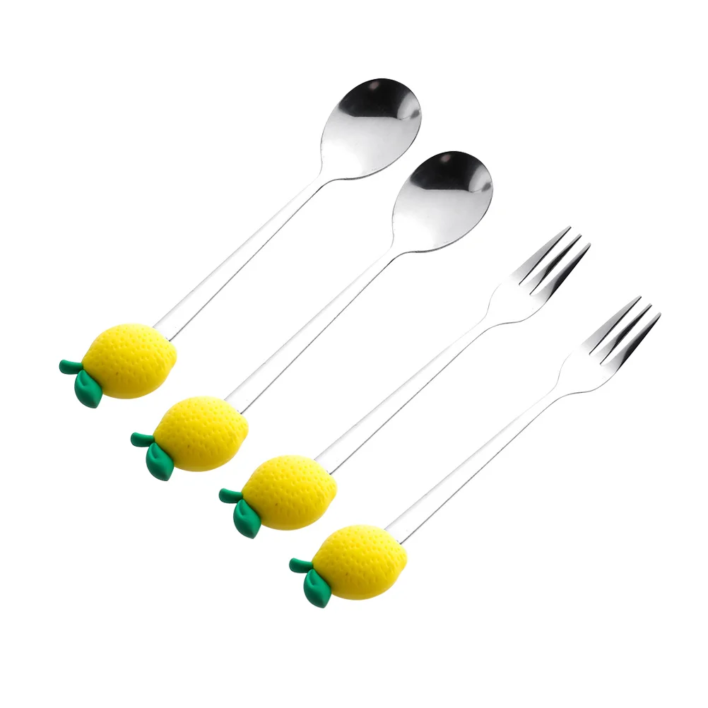 

2pcs Fruit Fork Coffee Spoons Small Dessert Silicone Ice Cream Sundae Bar Supplies Reusable Spoon Set Stainless Steel Kitchen