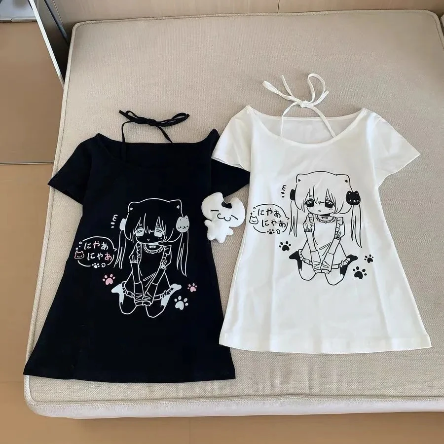 

Японские футболки в стиле кавайной Лолиты, женские футболки Y2k с эстетическим аниме-принтом, тонкие топы с лямкой на шее, милые милые футболки с короткими рукавами в готическом стиле в стиле панк