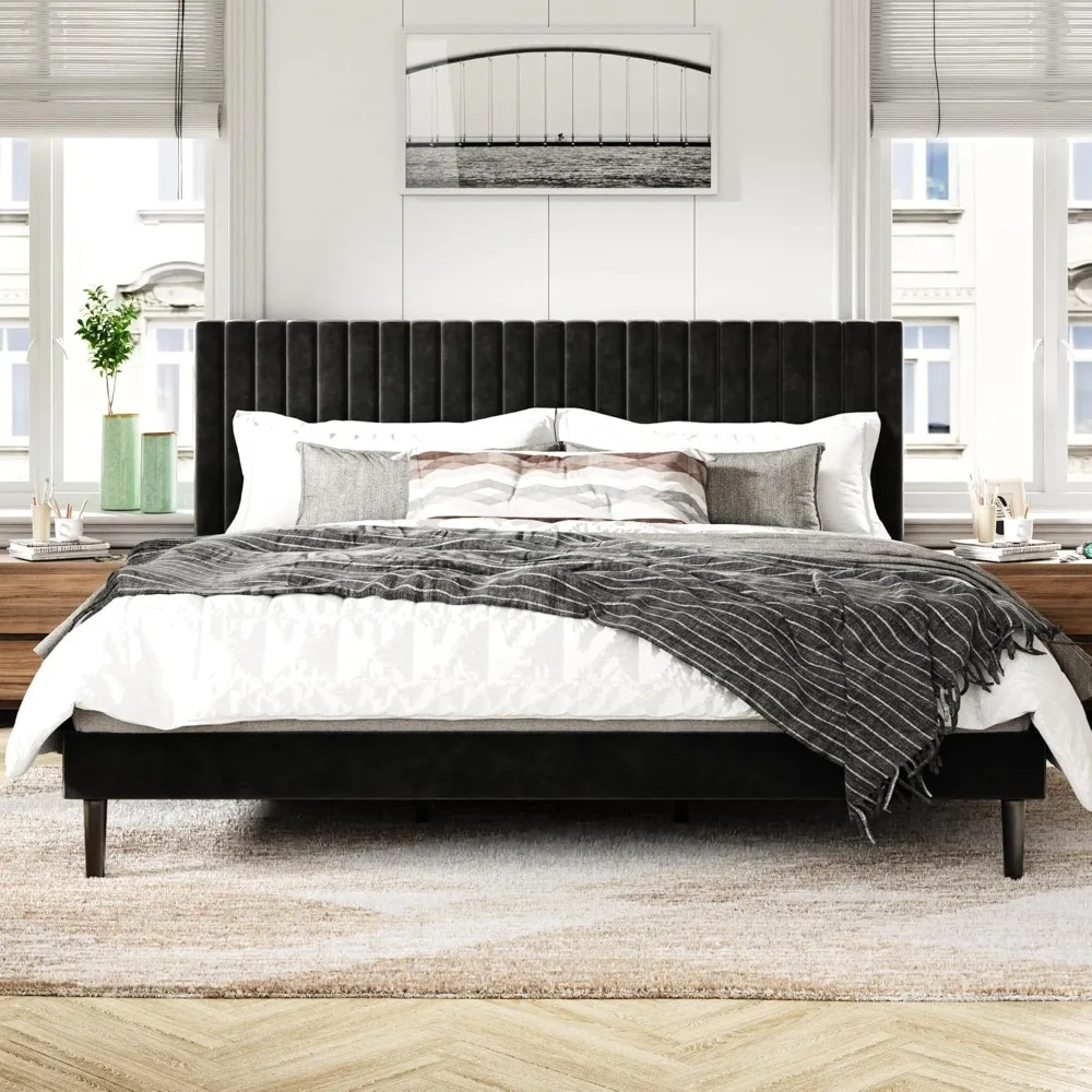 

Bed Frame, King, with Velvet Upholstered Headboard, Wooden Slat Supports, Mattress Base, Optional Springs, Platform Bed Frame