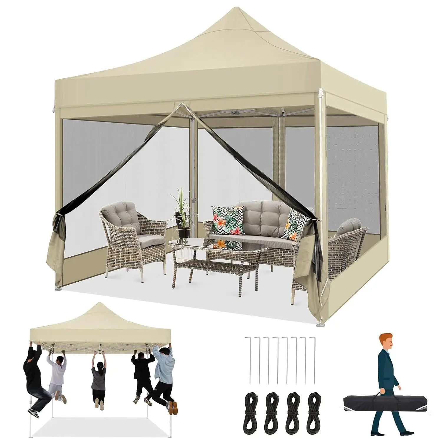 10x10 Heavy Duty Pop Up Canopy with 4 Mosquito Net Sidewalls, Khaki