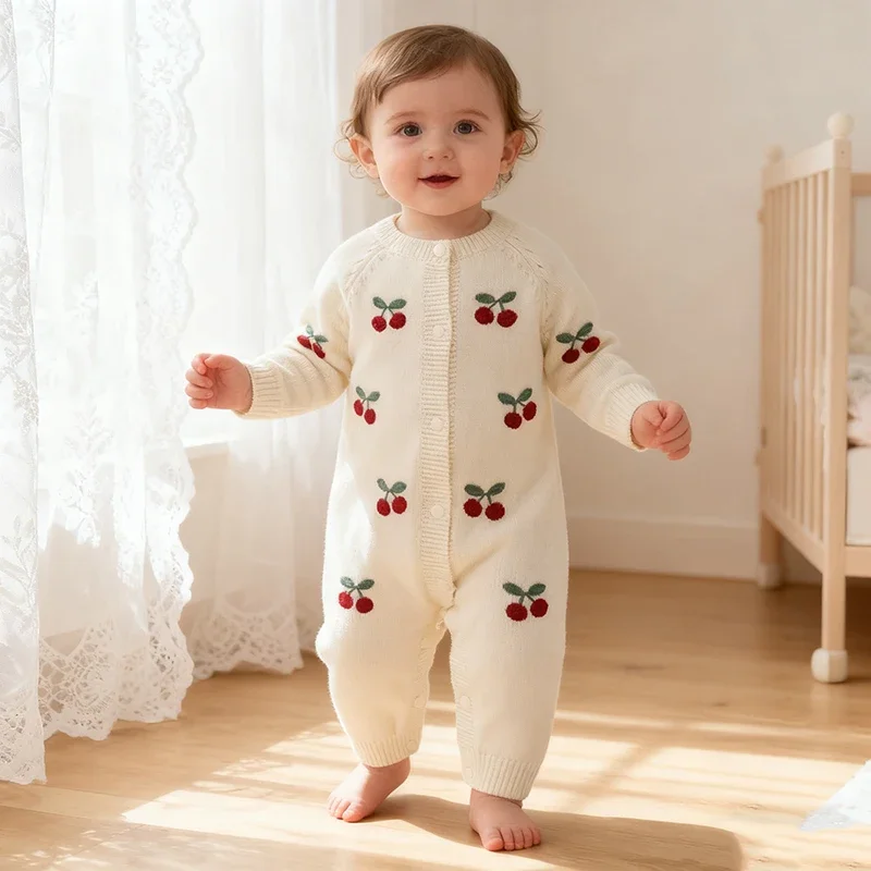 

Toddler Clothes New Infant Baby Girls Boys Knitted Jumpsuit Girl Boys Romper Cherry Embroidery Knitting Romper Children Clothes