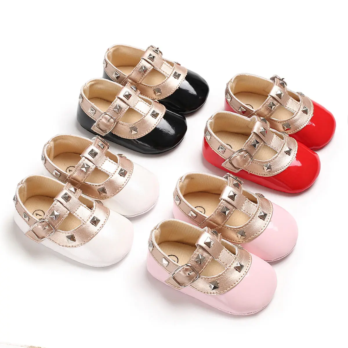 Newborn Baby Girls Bow Princess Shoes Soft Sole Crib Leather Solid Buckle Strap Flat with Heel Baby Shoes Toddler Fashion Shoes