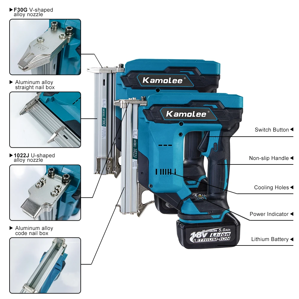 Kamolee Brushless 1022J Electric Concrete Nail Gun F30 Stapler Nailer Woodworking Lithium Battery For Makita