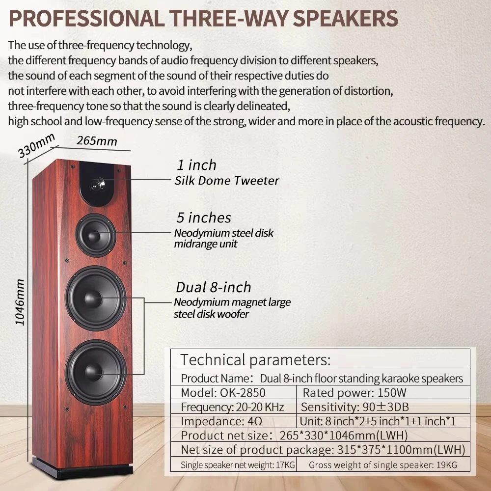 High-End Tower Speaker Home Theater System Professional Karaoke KTV Dual 8-inch Wooden Woofer stereo system for home