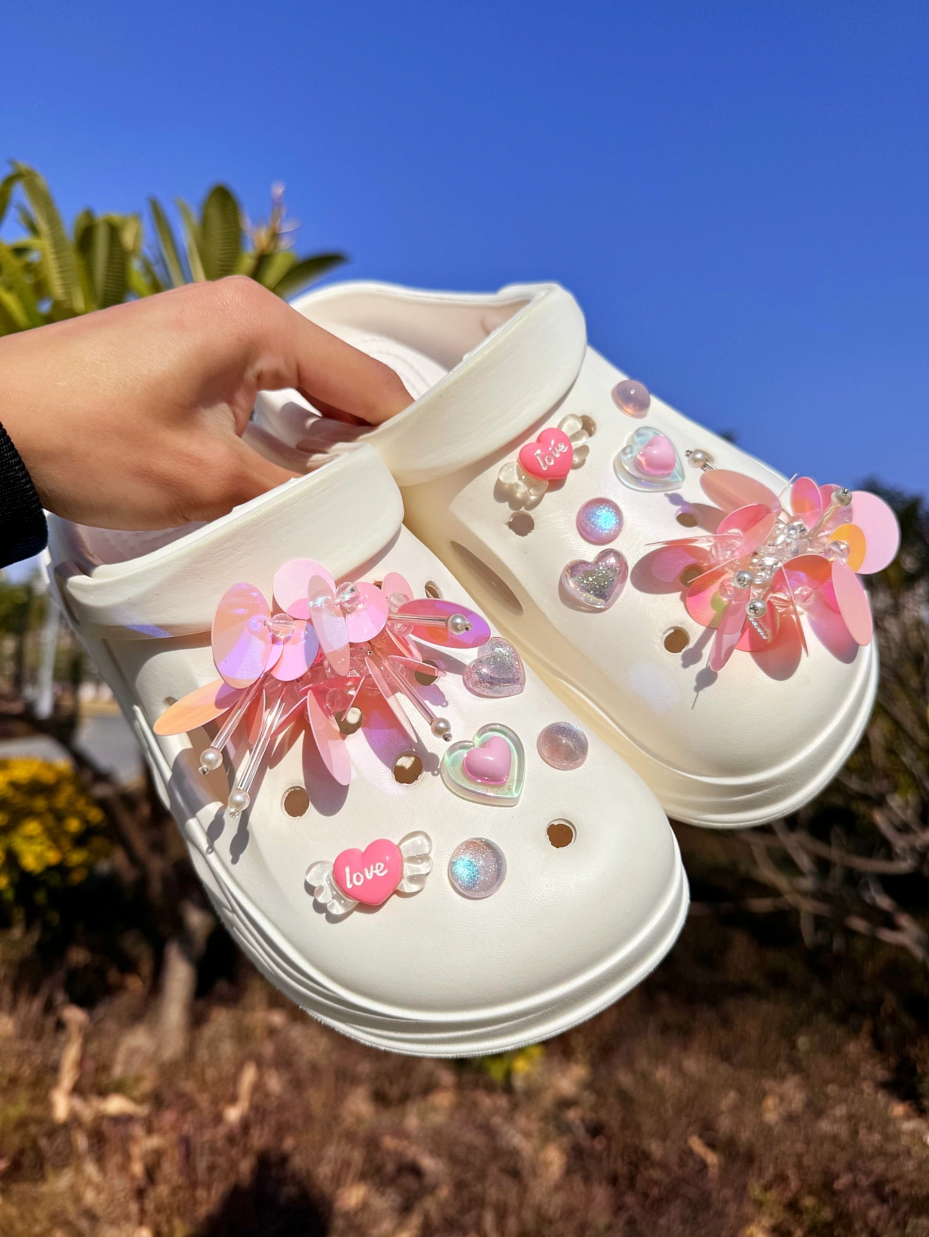 12 pink sequined love shoes for DIY casual accessory-a fun and versatile way to personalize shoes