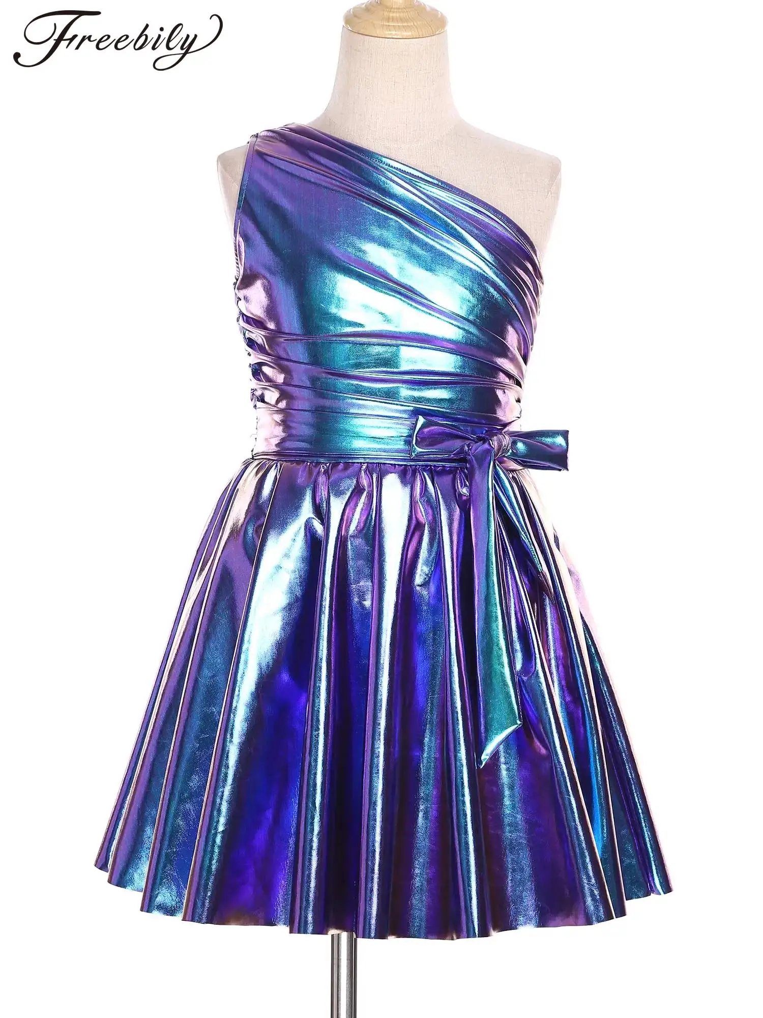 

Платья для выпускного вечера для девочек, блестящее металлическое платье для дискотеки на одно плечо, танцевальное платье для выступлений, танцевальный костюм, школьная танцевальная одежда для шоу