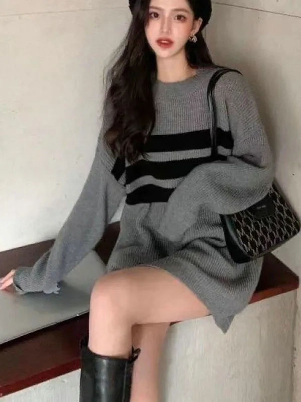 Pull en tricot pour femme Laid-ba, nouvelle collection automne-hiver 2025, design moderne, longueur mi-longue, vêtement d'extérieur ample, mélange de polyester doux