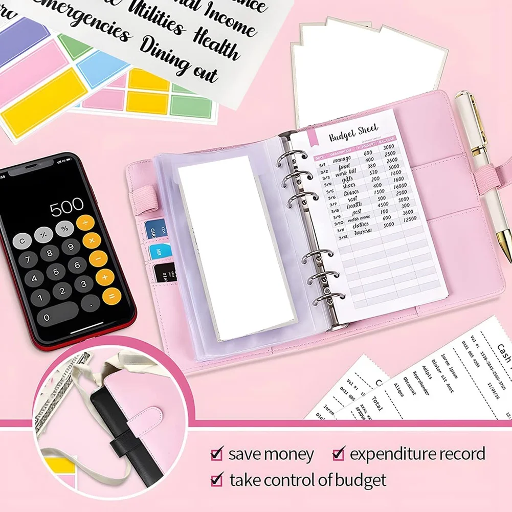 Pengikat anggaran dengan amplop uang tunai untuk anggaran, A6 menghemat saku Binder, pengeluaran lembaran anggaran, untuk sistem amplop uang tunai D