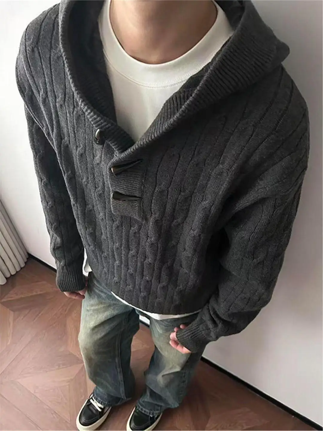 

Retro American Button-Up Hoodie Knitwear Men's Autumn Winter Loose Fit Warm Faion Ci Sle Camere Yarn Twist Pattern