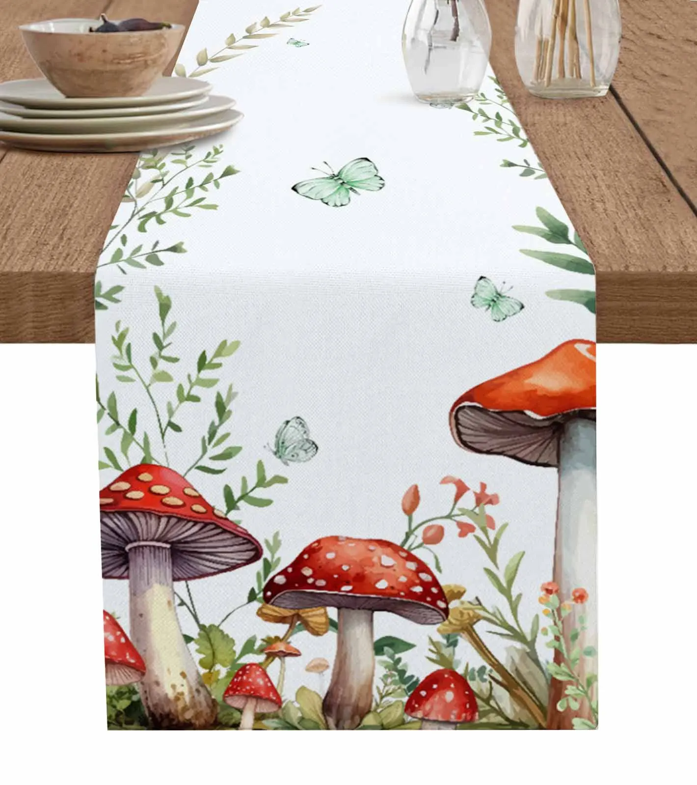 

Plant Mushroom Butterfly Watercolor Linen Table Runners Kitchen Table Decoration Dining Table Runner Wedding Party Supplies