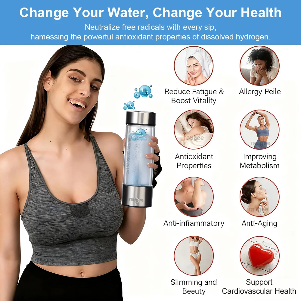 Botella de agua de hidrógeno, generador eléctrico de agua de hidrógeno, máquina de agua de hidrógeno recargable de 420ml para el hogar, oficina, viajes, deportes