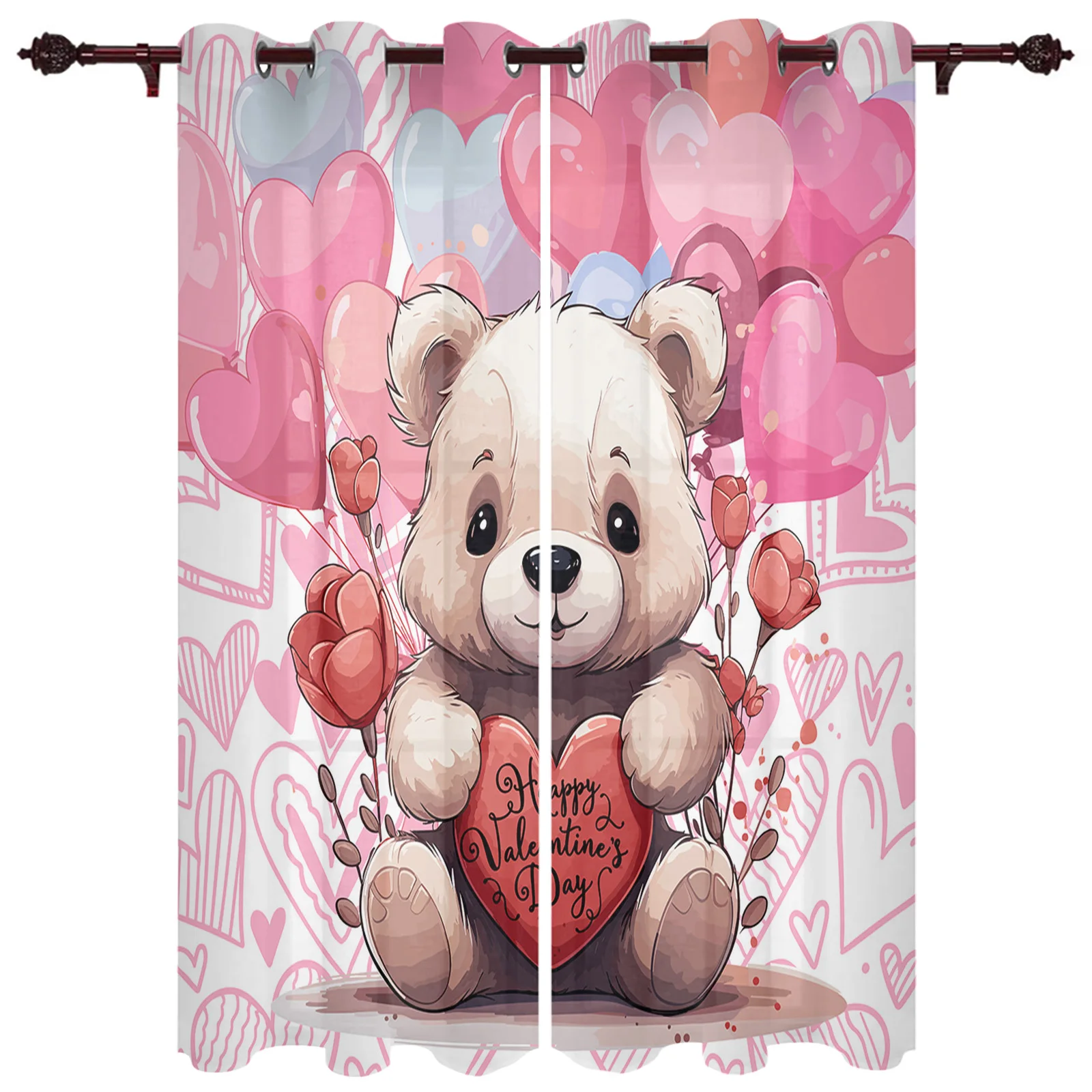 Valentine'S Day Balloon Love Doll Bear Window Curtains Living Room Bedroom Screens Modern Luxury Home Decor Valance Drapes