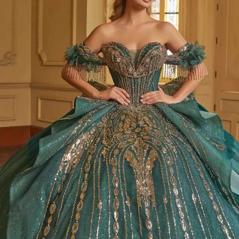 

Customized Shiny blackish green Quinceanera Dresses Off the Shoulder Tull applique crystal Lace Bow Vestido De 15 Quinceanera