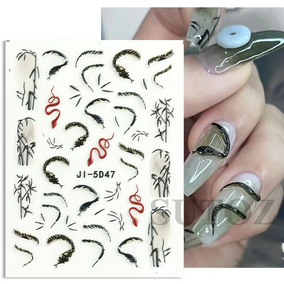 5D Green Snake Chinese Design Nail Sticker Bamboo Ink Painting Nail Art Black Red Snake Decal Cool Manicure Accessories JI-5D47