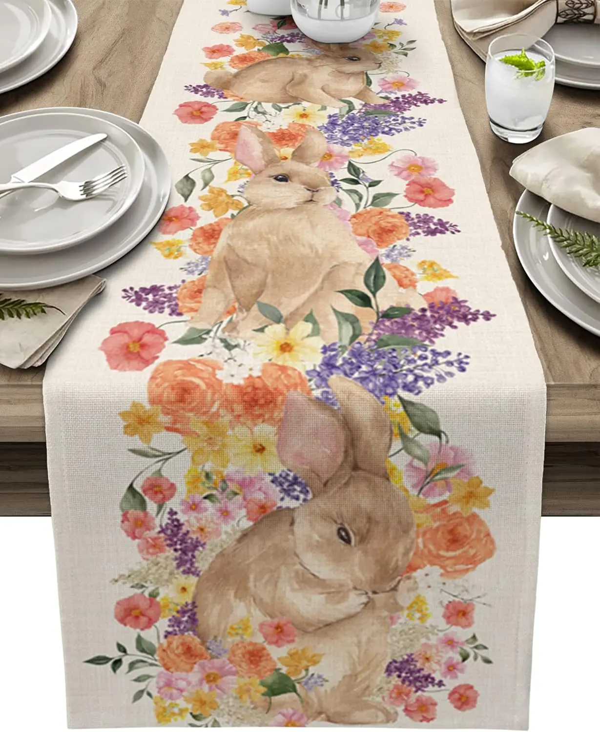 

Пасхальный кролик, цветок, льняная дорожка для стола, декор для праздничной вечеринки, многоразовая весенняя кухонная дорожка для обеденного стола, пасхальные украшения