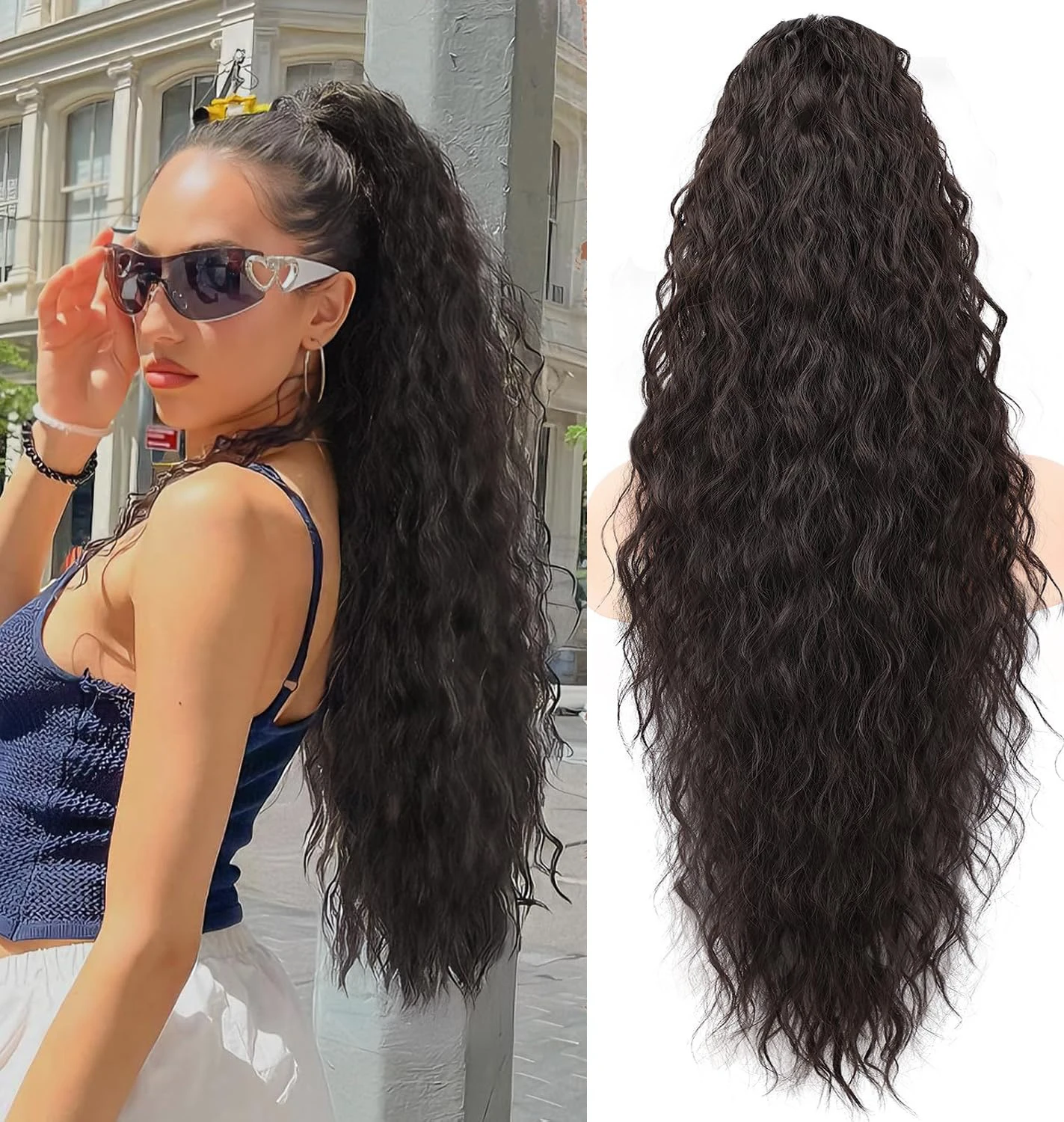 

Synthetic Water Wave Claw Clip Ponytail Black Blonde Heat Resistant Fiber Fluffy Messy Ponytail Hair Extensions For Women