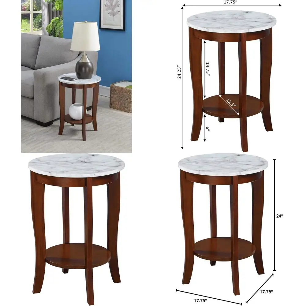 

Round End Table in White Marble Look / Espresso Finish