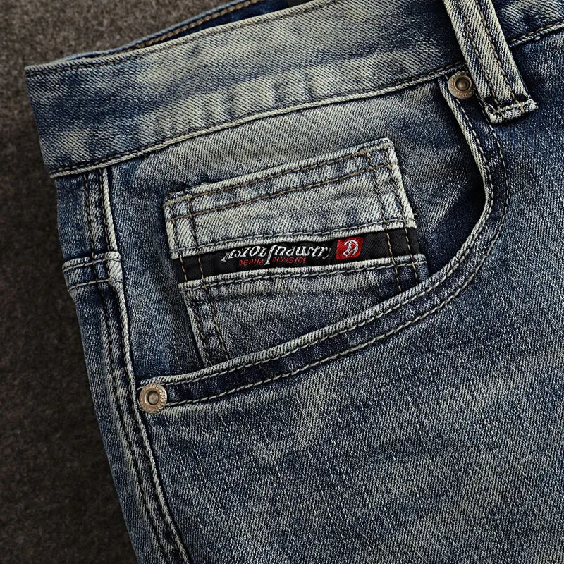 Jeans rasgado bordado masculino, calça jeans vintage, calça slim fit, moda streetwear, estiramento azul lavado retrô, designer