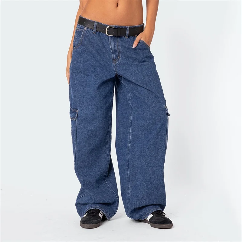 Women s Spring Summer Denim Pants Solid Color Wide Leg Trousers with Multi Pockets