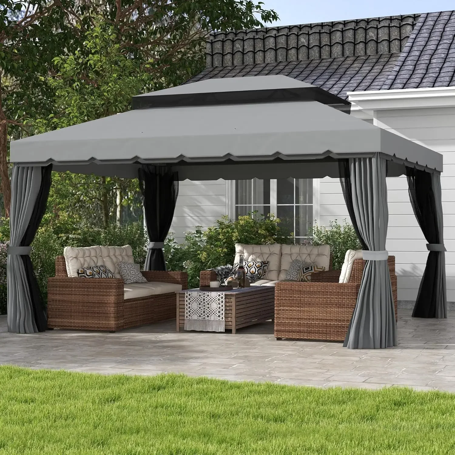 

10' x 13' Patio Gazebo, Outdoor Gazebo Canopy Shelter with Netting and Curtains, Aluminum Frame for Garden, Lawn