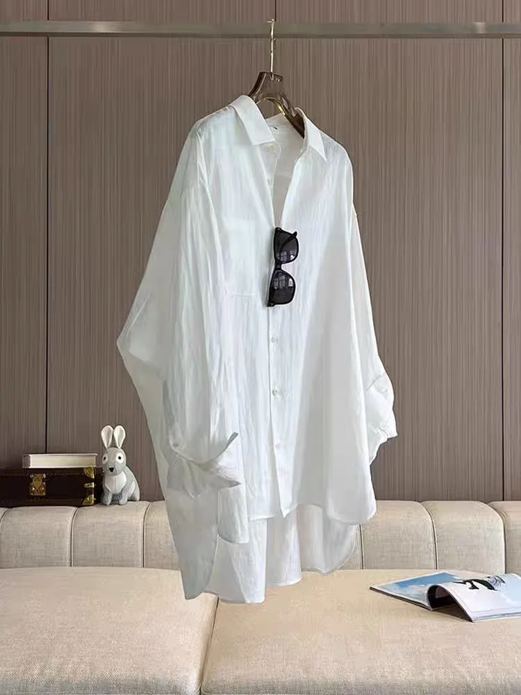 

Casual Linen Long Sve Women's irt Thin Loose Summer Versatile Top Faionable Sun Protection Windproof Collar Pure ...