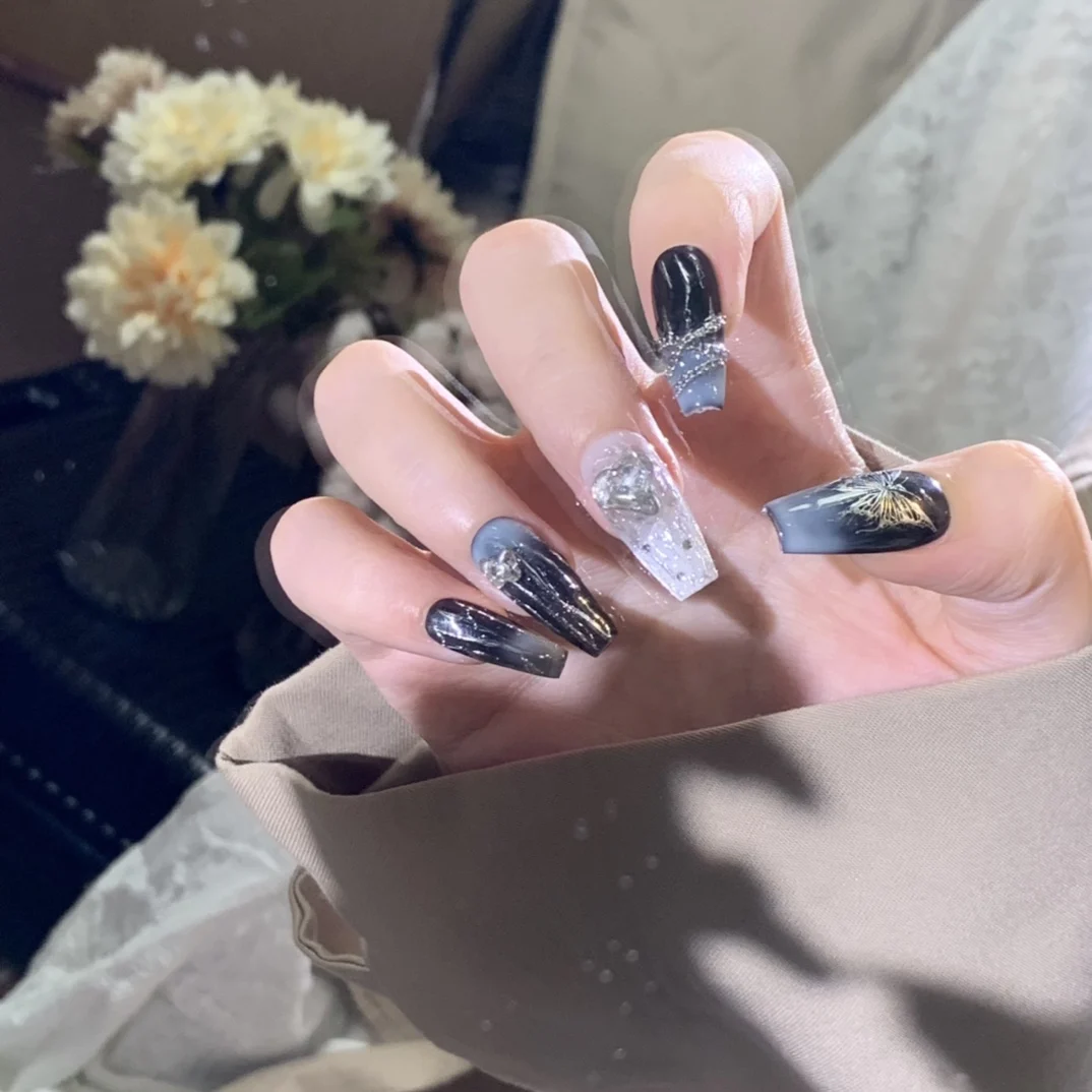 Handmade Press On Nails Shadow Butterfly Medium Long Butterfly Luxury High-end Heavy Work with Mysterious and Elegant.No.24543