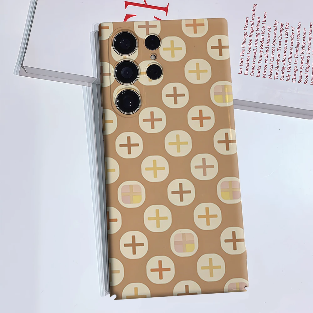 Coffee Cross Pattern Phone Case for Samsung Galaxy S26 S25 Ultra S24 S23 Ultra Plus Glossy Double-layer Back Cover