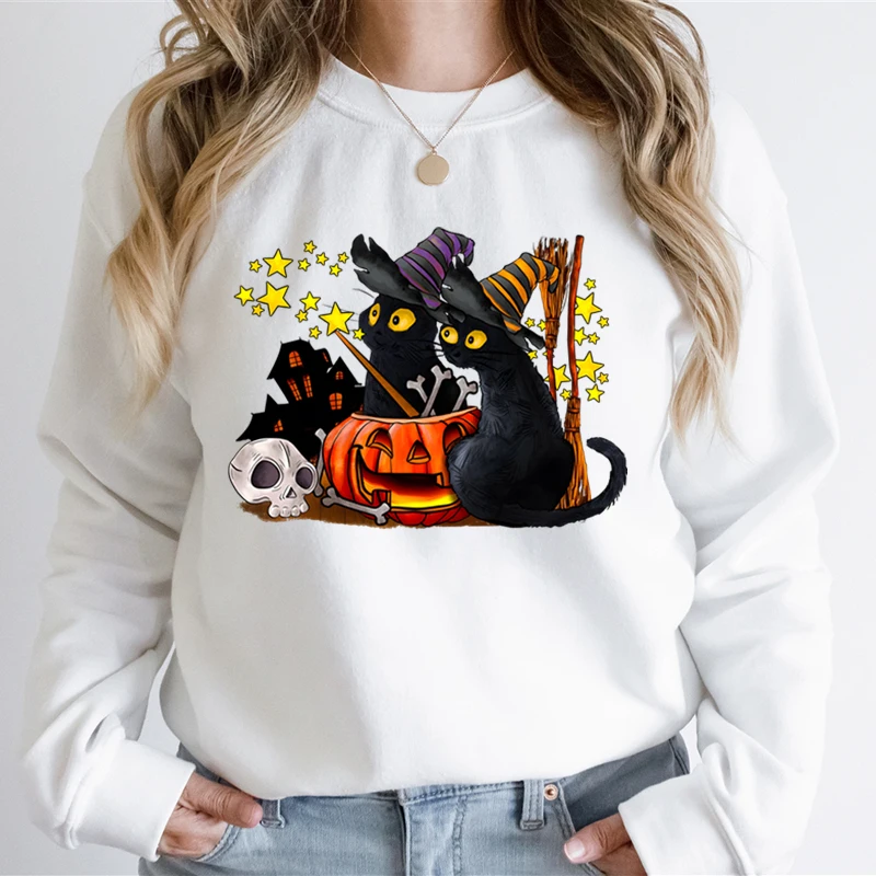 

Retro LeopardCat Lover Halloween Ghost Sweatshirts Women Skeleton Black Cat Print Sweatshirt Hoodie Skeleton Pumpkin