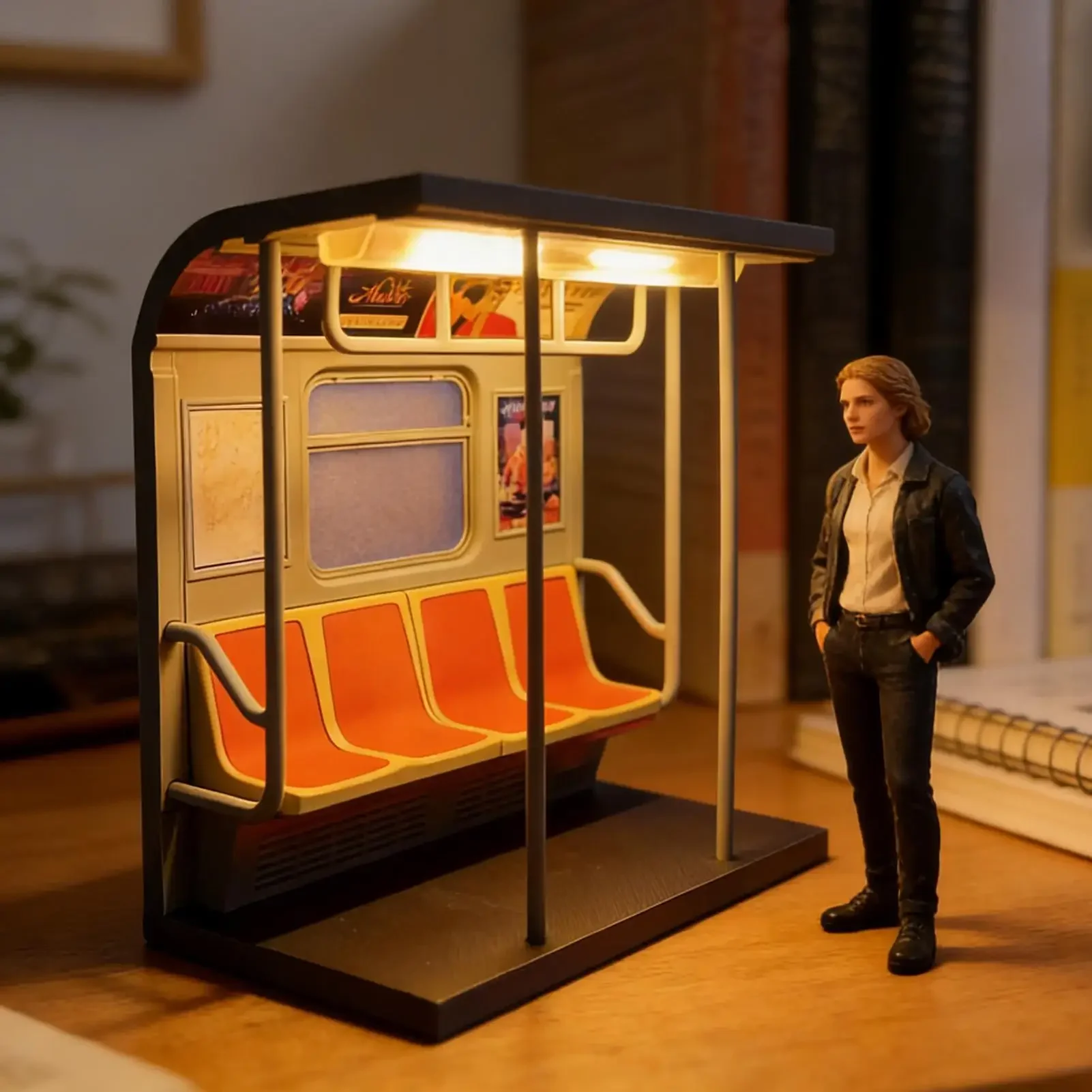 Subway Train Light Retro LED Car Model Nightlight with 3 Replaceable Train Posters Table Lamp for Men Kids Adult Family Bedside