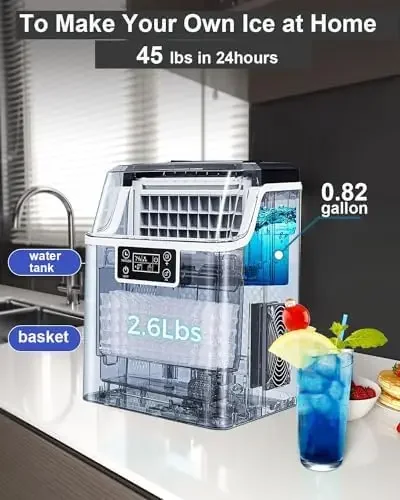 Máquina de hielo portátil de acero inoxidable, encimera con capacidad de 45 libras, 2 vías, autolimpieza, Control de tamaño de hielo