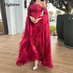 Eightree Vintage Red Evening Dresses Strapless Mermaid Slit Sequined Feathers Satin Abendkleider Dubai Formal Occasion Dresses