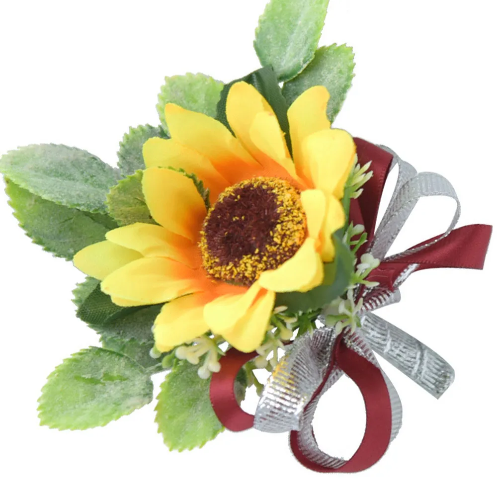 810 عباد الشمس بروش القماش الزفاف العروة الشريط-الأحمر أنيقة العروس العريس الصدار العروس الملابس دبابيس الصدر الزفاف